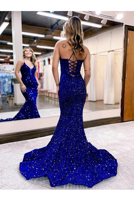 Best Velvet Sequin V-Neck Sleeveless Court Train Evening Dress Canada