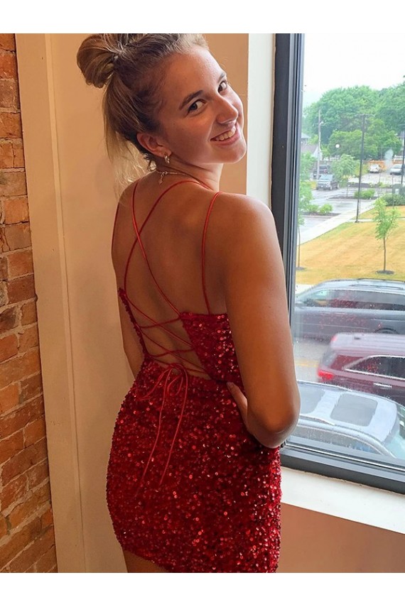 Best Velvet Sequin V-Neck Sleeveless Short Evening Dress Canada