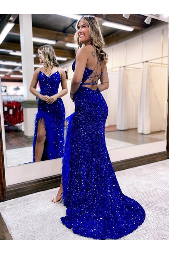 Best Velvet Sequin V-Neck Sleeveless Royal Blue Sweep Train Evening Dress Canada