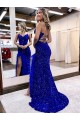 Best Velvet Sequin V-Neck Sleeveless Royal Blue Sweep Train Evening Dress Canada
