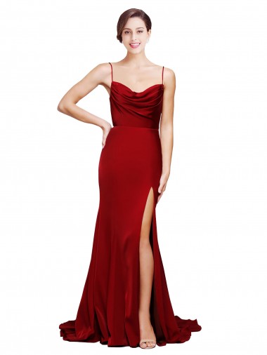 Best Stretch Satin Spaghetti Straps Sleeveless Open Back Sweep Train Black Tie Evening Dress Canada