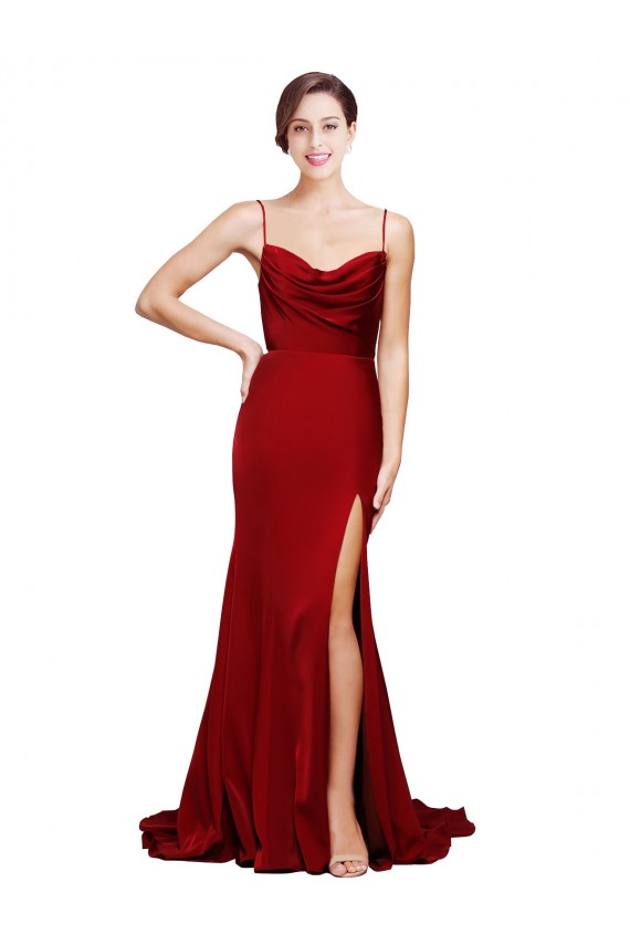 Best Stretch Satin Spaghetti Straps Sleeveless Open Back Sweep Train Black Tie Evening Dress Canada