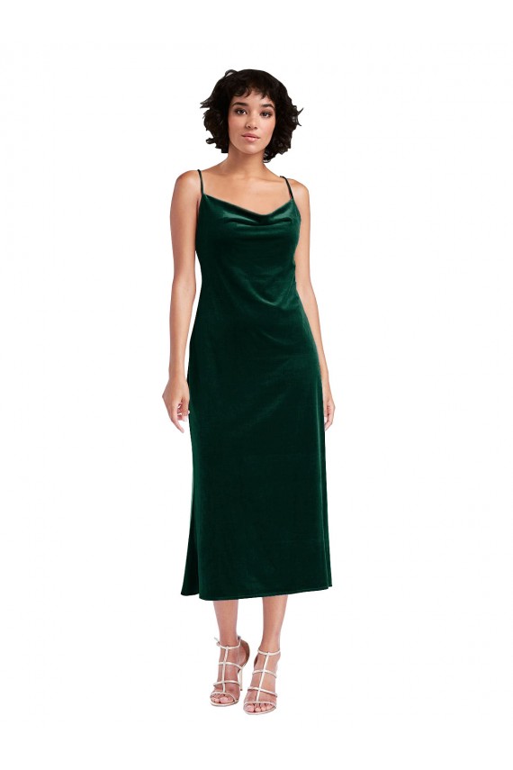 Best Stretch Velvet Cowl Neck Sleeveless Open Back Midi Length Black Tie Evening Dress Canada