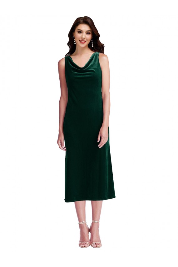 Best Stretch Velvet Cowl Neck Sleeveless V-Back Midi Length Evening Dress Canada