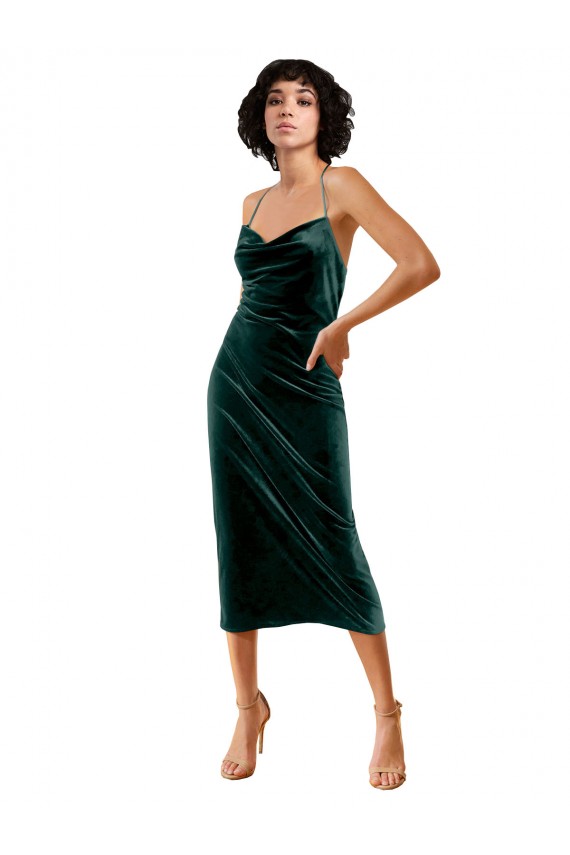 Best Stretch Velvet Spaghetti Straps Sleeveless Open Back Midi Length Formal Dress Canada