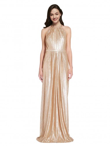 Best Sequin Halter Neck Sleeveless Gold Long Formal Evening Dress Canada