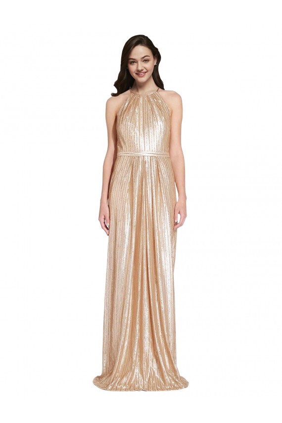 Best Sequin Halter Neck Sleeveless Gold Long Formal Evening Dress Canada