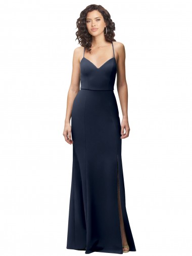 Best Stretch Crepe Spaghetti Straps Sleeveless Open Back Dark Navy Long Formal Evening Dress Canada