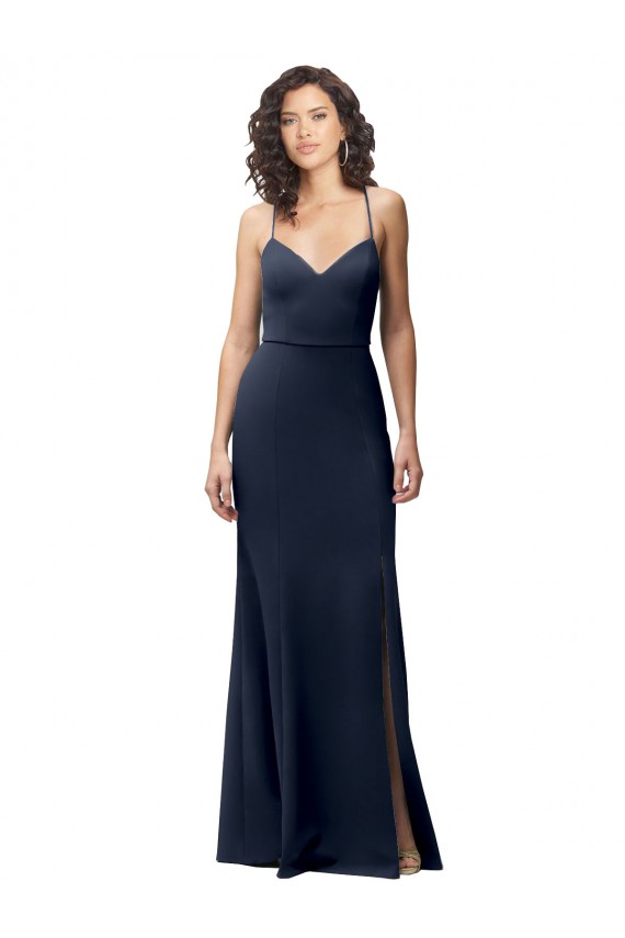 Best Stretch Crepe Spaghetti Straps Sleeveless Open Back Dark Navy Long Formal Evening Dress Canada