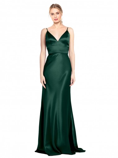 Best Stretch Satin Spaghetti Straps Sleeveless V-Back Hunter Long Formal Evening Dress Canada