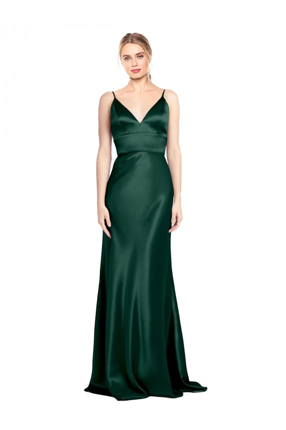 Best Stretch Satin Spaghetti Straps Sleeveless V-Back Hunter Long Formal Evening Dress Canada