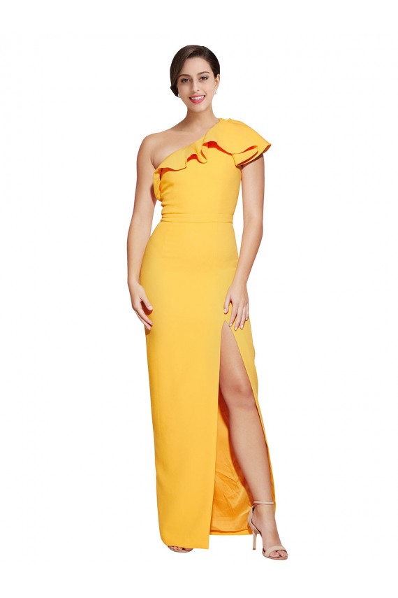 Best Stretch Crepe One Shoulder Sleeveless Saffron Long Formal Evening Dress Canada