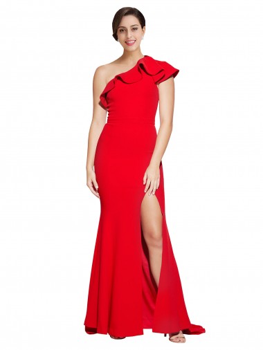 Best Stretch Crepe One Shoulder Sleeveless Red Sweep Train Semi Formal Evening Dress Canada