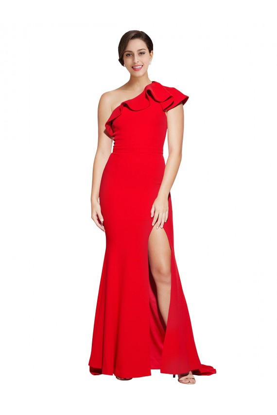 Best Stretch Crepe One Shoulder Sleeveless Red Sweep Train Semi Formal Evening Dress Canada