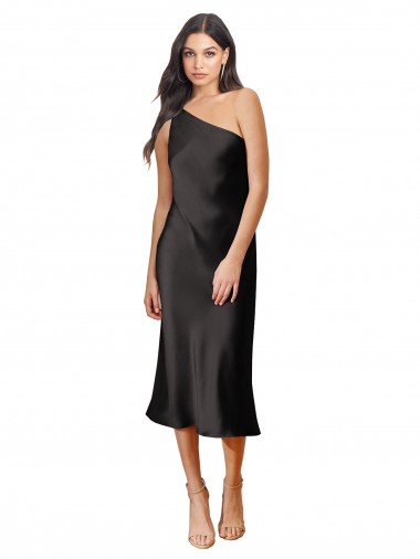 Best Stretch Satin One Shoulder Sleeveless Black Midi Length Black Tie Evening Dress Canada