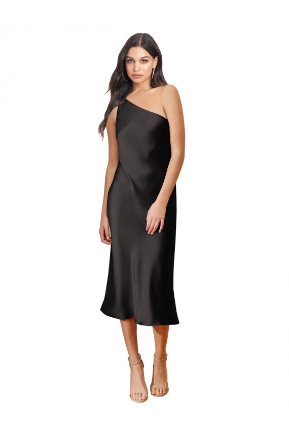 Best Stretch Satin One Shoulder Sleeveless Black Midi Length Black Tie Evening Dress Canada