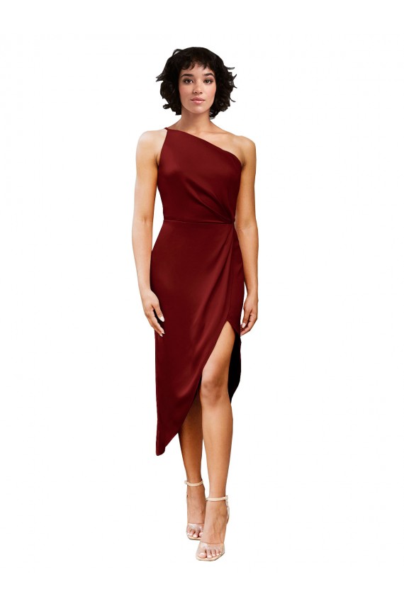 Best Stretch Satin One Shoulder Sleeveless Midi Length Black Tie Evening Dress Canada