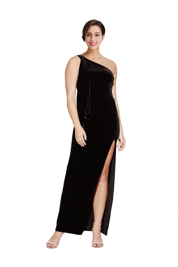 Best Stretch Velvet One Shoulder Sleeveless Black Long Formal Evening Dress Canada