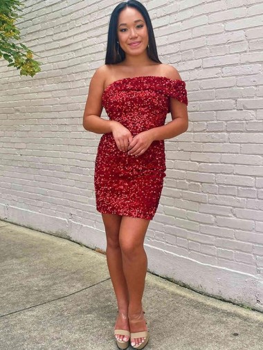 Best Velvet Sequin One Shoulder Sleeveless Short Evening Gown Canada