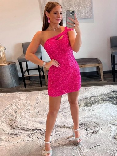 Best Velvet Sequin One Shoulder Sleeveless Fuchsia Short Evening Dresses Canada