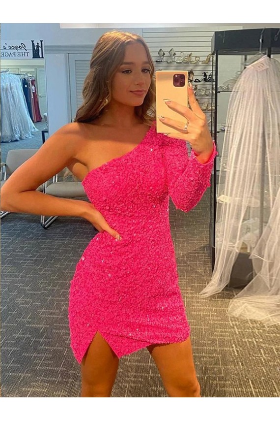 Best Velvet Sequin One Shoulder Long Sleeves Short Evening Gown Canada