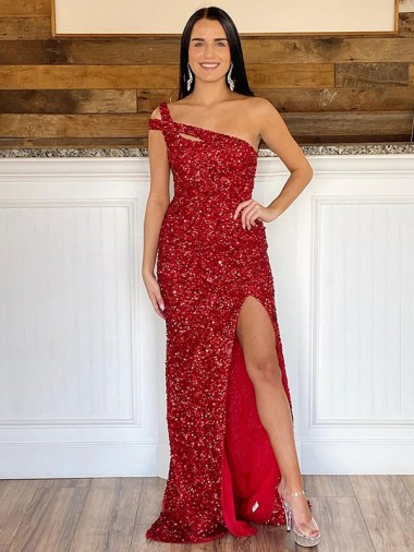 Best Velvet Sequin One Shoulder Sleeveless Semi Formal Evening Dress Canada