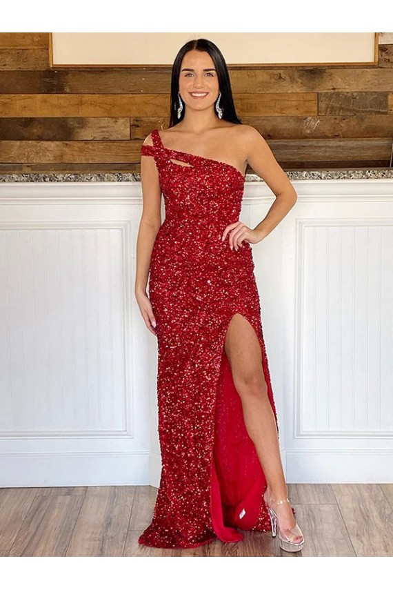 Best Velvet Sequin One Shoulder Sleeveless Semi Formal Evening Dress Canada