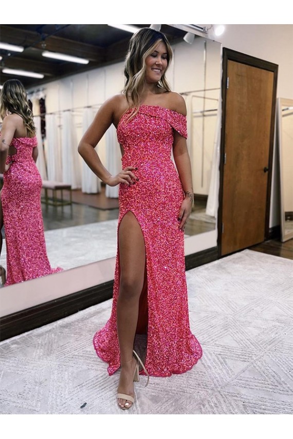 Best Velvet Sequin One Shoulder Sleeveless Long Sweep Train Evening Dress Canada