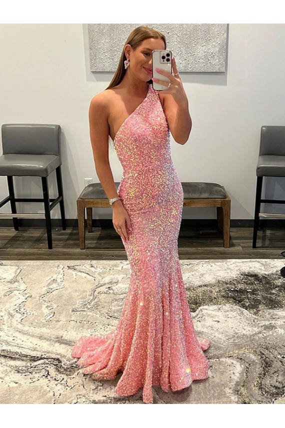 Best Velvet Sequin One Shoulder Sleeveless Sweep Train Evening Dress Canada