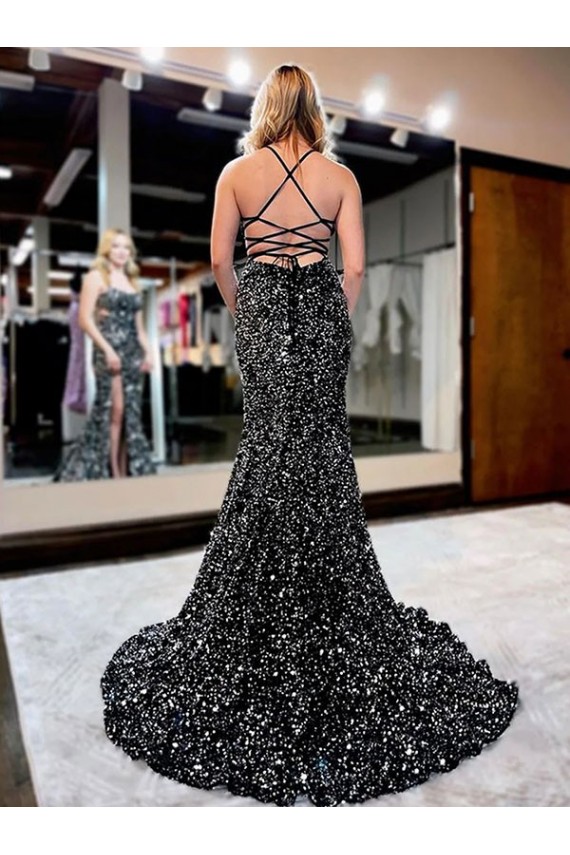 Best Velvet Sequin Spaghetti Straps Sleeveless Sweep Train Evening Gown Canada