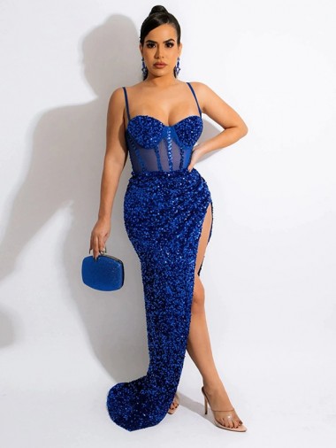 Best Velvet Sequin Spaghetti Straps Sleeveless Royal Blue Sweep Train Evening Dress Canada
