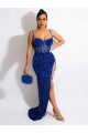 Best Velvet Sequin Spaghetti Straps Sleeveless Royal Blue Sweep Train Evening Dress Canada