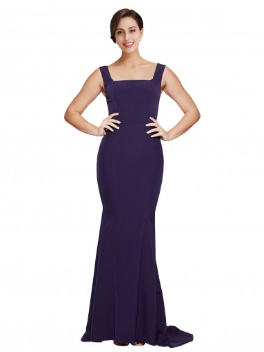Best Stretch Crepe Square Neck Sleeveless Dark Navy Sweep Train Semi Formal Evening Dress Canada