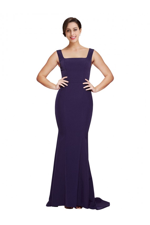 Best Stretch Crepe Square Neck Sleeveless Dark Navy Sweep Train Semi Formal Evening Dress Canada