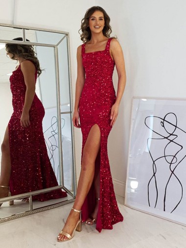 Best Velvet Sequin Square Neck Sleeveless Long Evening Gown Canada