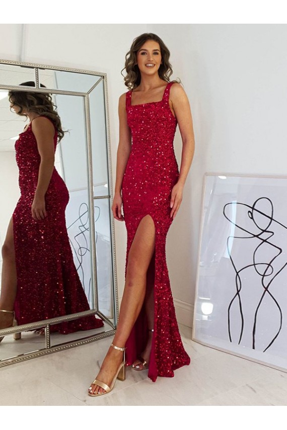 Best Velvet Sequin Square Neck Sleeveless Long Evening Gown Canada