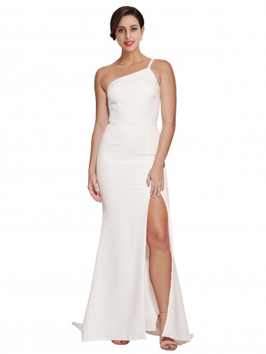 Best Stretch Crepe One Shoulder Sleeveless Ivory Sweep Train Semi Formal Evening Dress Canada