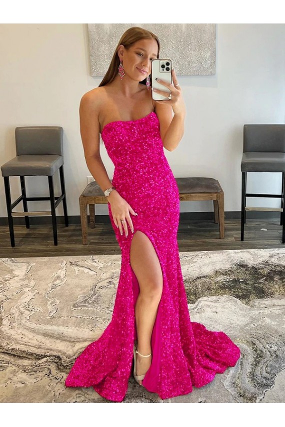 Best Velvet Sequin Strapless Sleeveless Fuchsia Sweep Train Evening Dress Canada