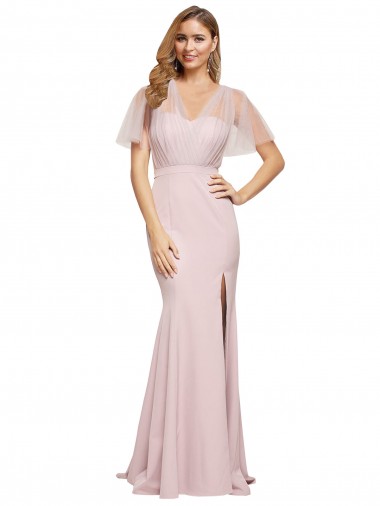 Best Stretch Crepe & Tulle One Shoulder Short Sleeves V-Back Long Formal Evening Dress Canada
