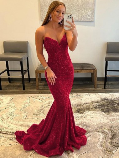 Best Velvet Sequin Sweetheart Sleeveless Burgundy Sweep Train Evening Dress Canada