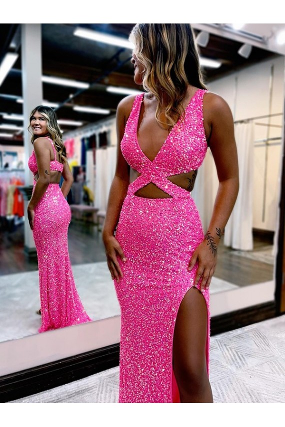 Best Velvet Sequin V-Neck Sleeveless Long Sweep Train Evening Dress Canada
