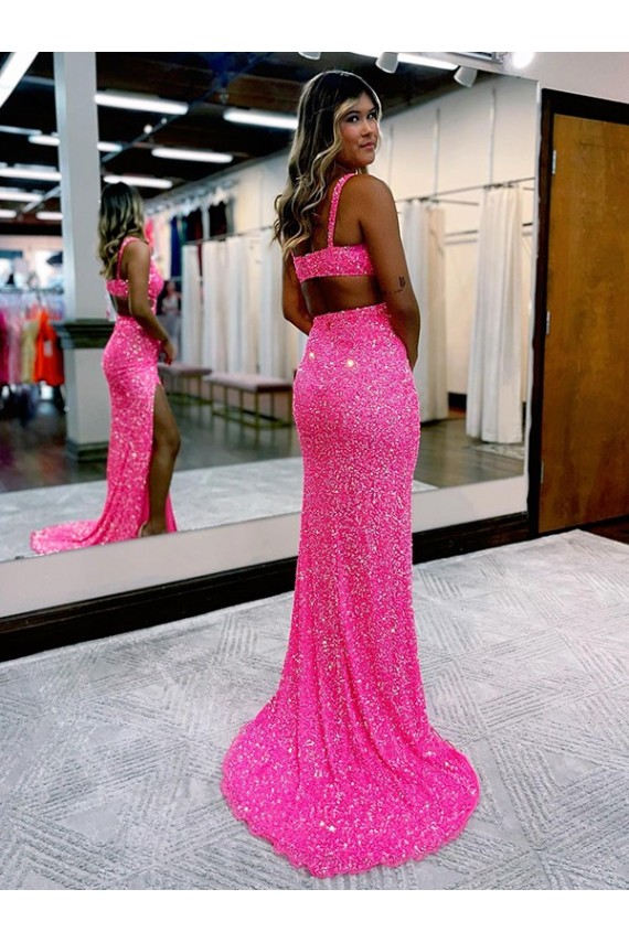 Best Velvet Sequin V-Neck Sleeveless Long Sweep Train Evening Dress Canada