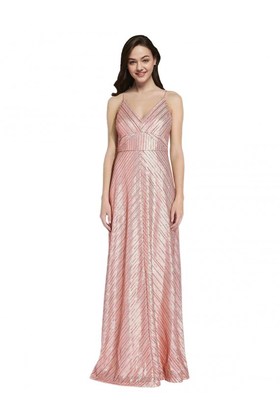 Best Sequin V-Neck Sleeveless Low Back Rose Gold Long Formal Evening Dress Canada
