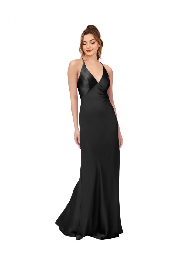 Best Silky Satin V-Neck Sleeveless Open Back Long Black Tie Evening Dress Canada
