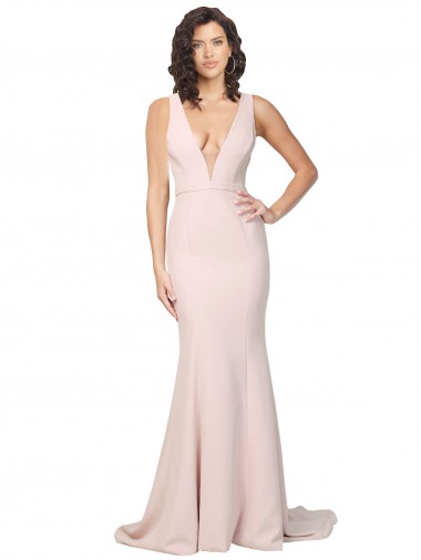 Best Stretch Crepe V-Neck Sleeveless V-Back Sweep Train Black Tie Evening Dress Canada