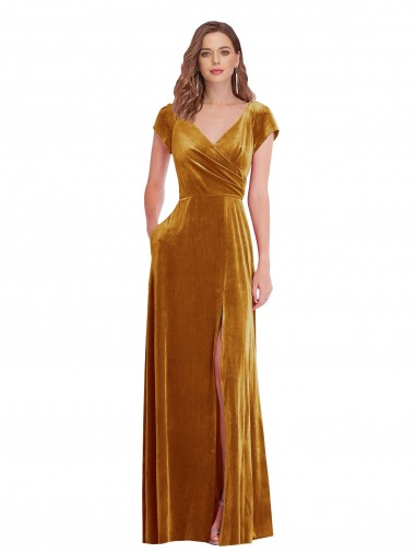Best Stretch Velvet V-Neck Cap Sleeves Long Formal Evening Dress Canada