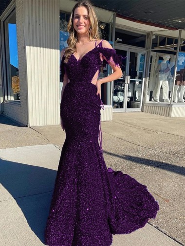 Best Velvet Sequin Spaghetti Straps Sleeveless Court Train Evening Dress Canada