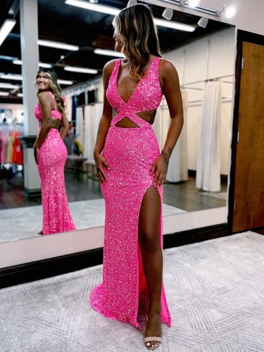 Best Velvet Sequin V-Neck Sleeveless Long Sweep Train Evening Dress Canada