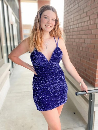 Best Velvet Sequin V-Neck Sleeveless Short Cocktail Evening Gown Canada