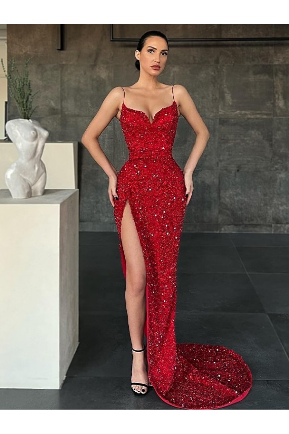 Best Velvet Sequin V-Neck Sleeveless Red Sweep Train Evening Dress Canada
